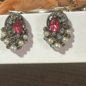 Vintage Baroque Style Clip-On Earrings Ruby Red Rhinestone Pearl Earrings